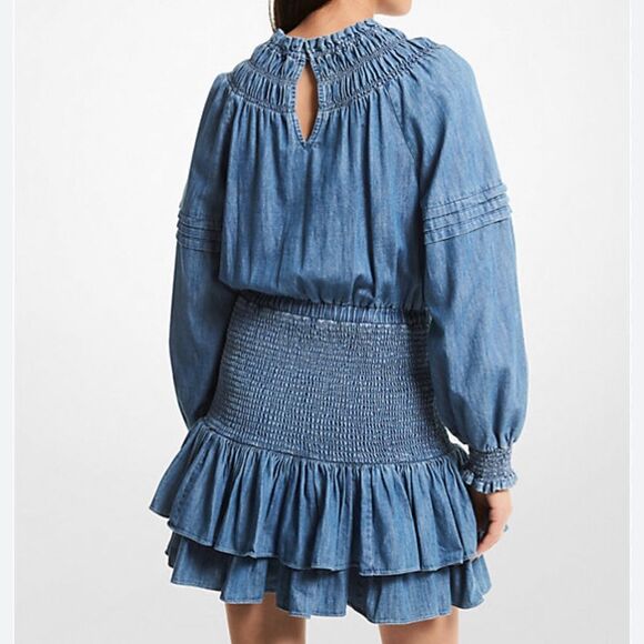 Michael Kors Cotton Chambray Smocked Mini Dress S - Picture 2 of 10